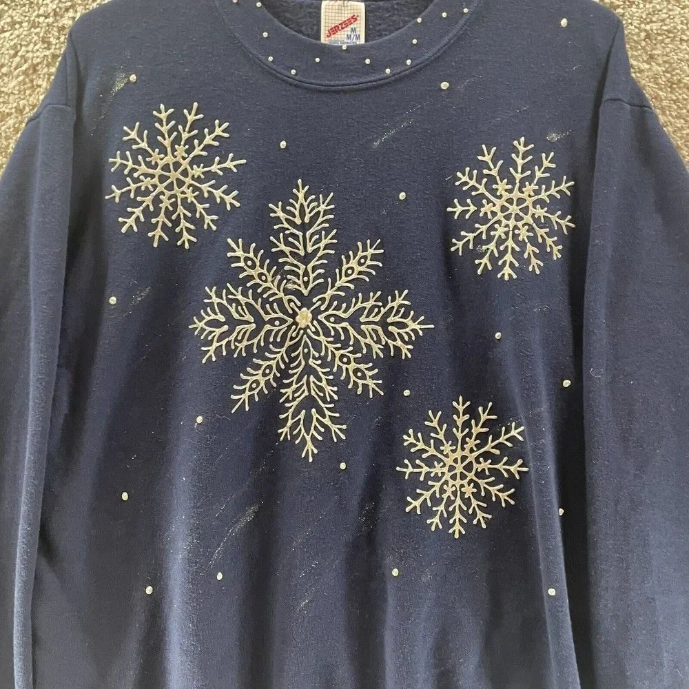 Vintage‎ Snowflake Sweatshirt Womens Medium Blue Pullover Jerzees Made In USA